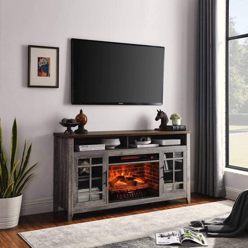 55 inch TV Media Stand with Electric Fireplace KD Inserts Heater,Gray Wash Color