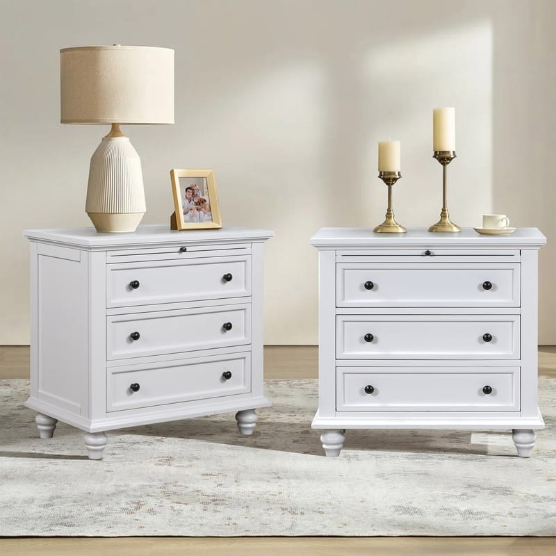 Modern 3-Drawer Nightstand (Set of 2) with Pull Out Tray for Organized Living Spaces - White