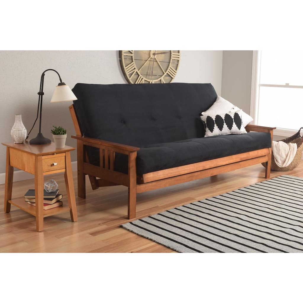 Full Size Futon Frame & Mattress Set - Rustic Mission Style Sofa Bed - Black Suede