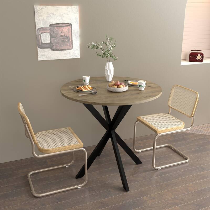31.5 Inch Round Dining Table, Small Circle Kitchen Table with Metal Black Legs for 2-4 people,Modern Dining Room Table, Brown (o