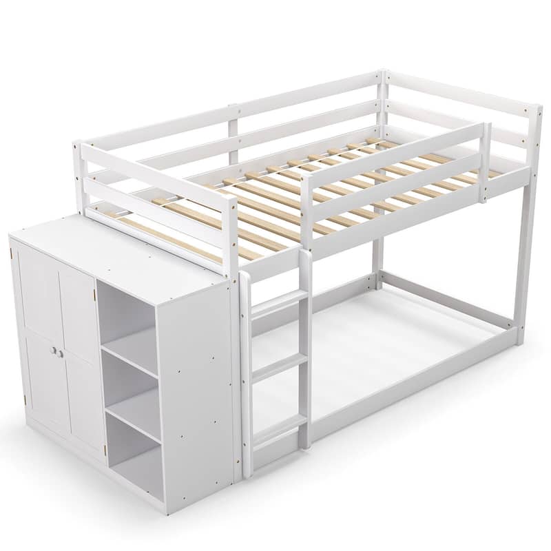 Gymax Twin Over Twin Bunk Bed Wood Frame Storage Shelves Ladder - White - Twin