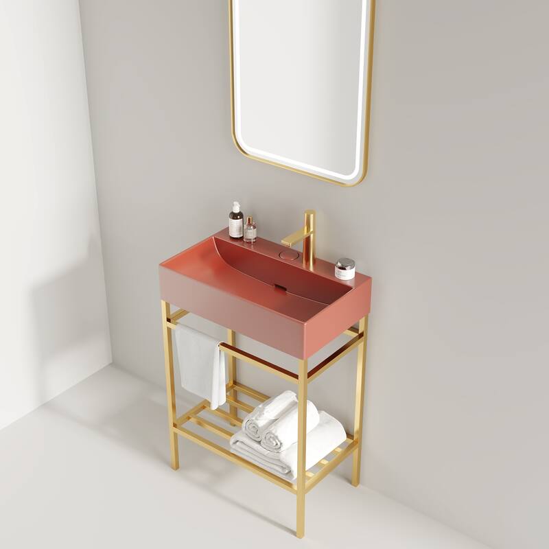 23.62 Inch Bathroom Vanity with Durable Ceramic Basin, Towel Bar, and Stainless Steel Storage Shelf - 23.62in L