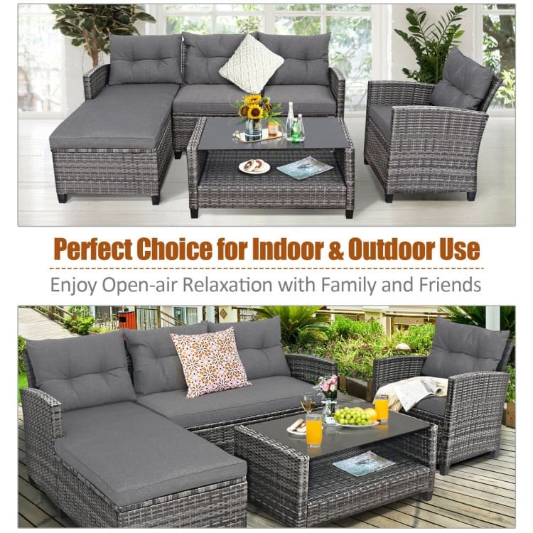 4 Pieces Patio Rattan Furniture Set with Cushion and Table Shelf - 27.5" x 47" x 30" (L x W x H)