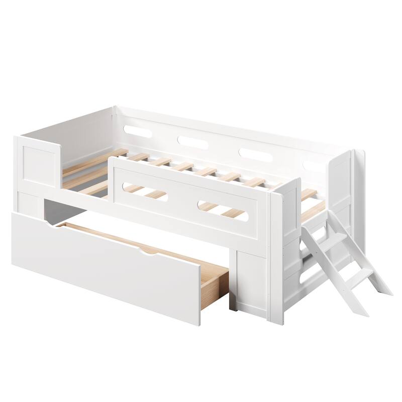Roomfitters Full/Twin Size Wood Platform Bed with Underbed Storage Drawer and Safety Guardrails, Modern Low Loft Frame