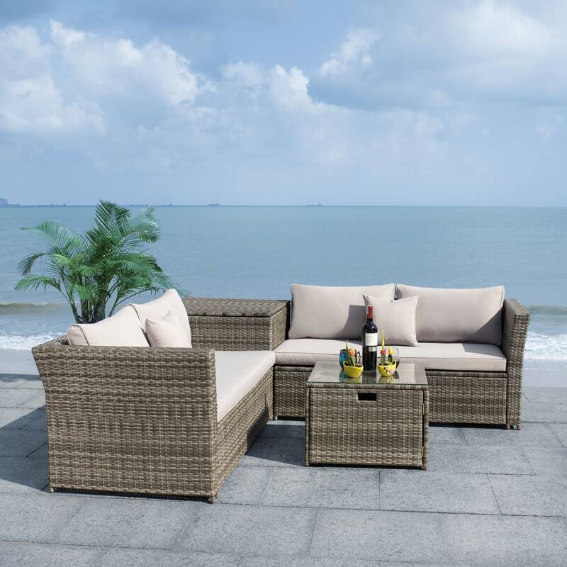 SAFAVIEH Helga Outdoor 4-Piece Conversation Patio Set with Storage - 57"W x 31"D x 26"H