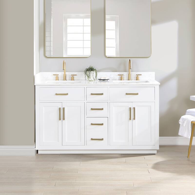 Altair Gavino Bath Vanity with Grain White Composite Stone Top, no Mirror - 60 inch - White + Brushed Gold