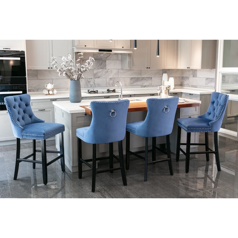 Velvet Bar Chairs Set of 2, Counter Height Bar Stools with Button Decor and Nailhead Trim, Dining Room Chairs with Back