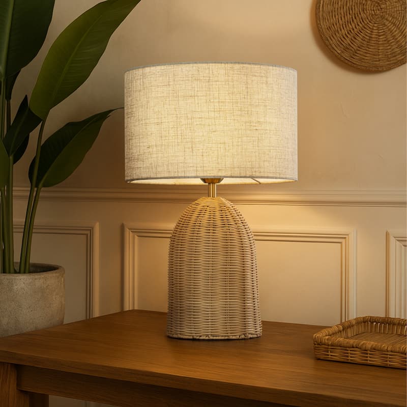 20'' Natural Rattan Bedside Table Lamp Coastal Nightstand Lamp with Classic Beige Fabric Shade for Bedroom, Living Room - W13''
