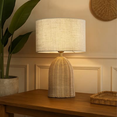 20'' Natural Rattan Bedside Table Lamp Coastal Nightstand Lamp with Classic Beige Fabric Shade for Bedroom, Living Room - W13''