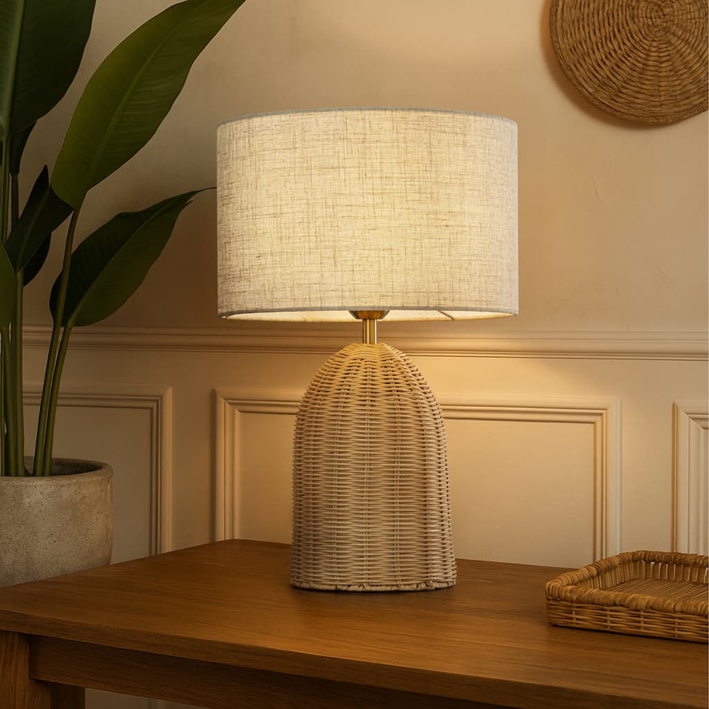 20'' Natural Rattan Bedside Table Lamp Coastal Nightstand Lamp with Classic Beige Fabric Shade for Bedroom, Living Room - W13''