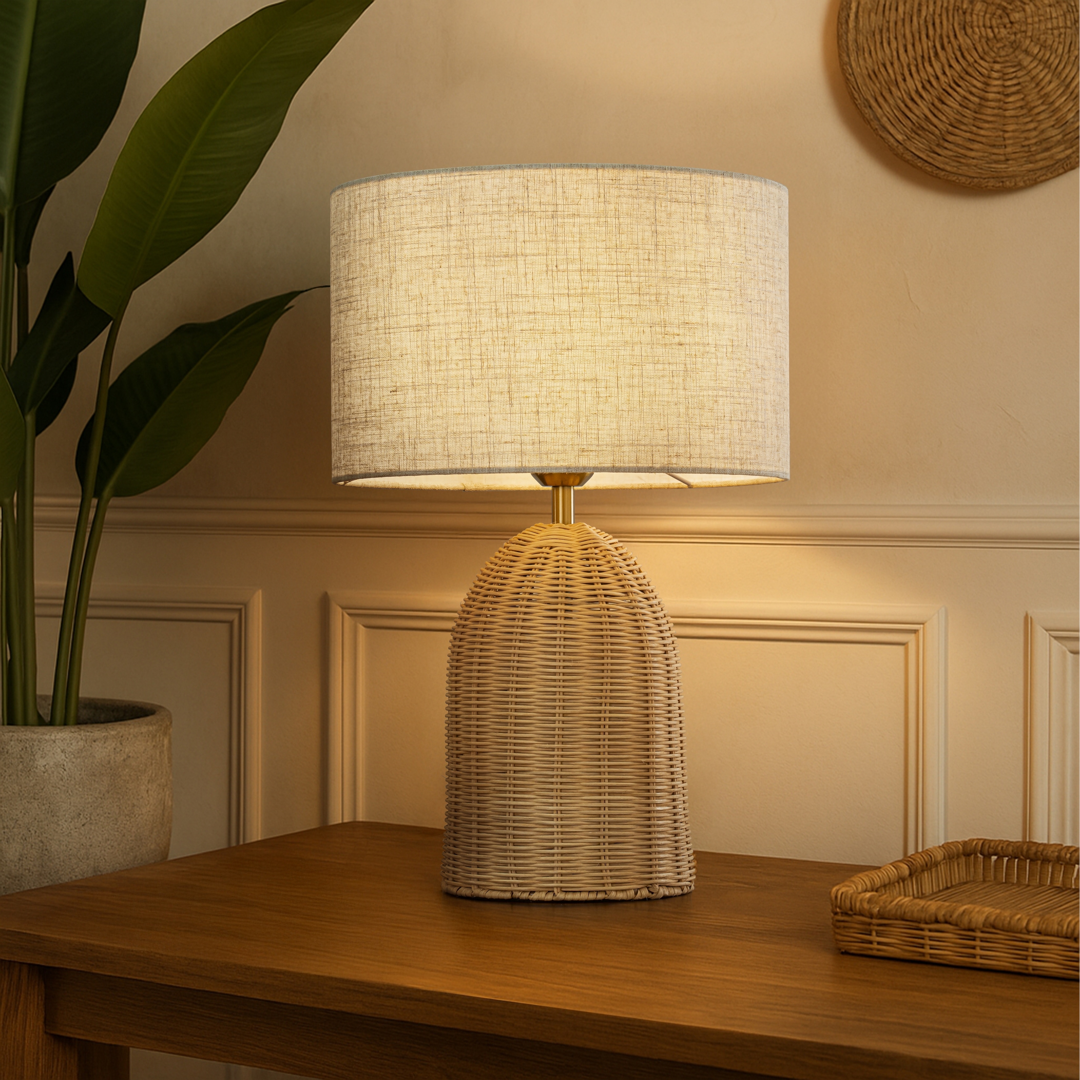 20'' Natural Rattan Bedside Table Lamp Coastal Nightstand Lamp with Classic Beige Fabric Shade for Bedroom, Living Room - W13''