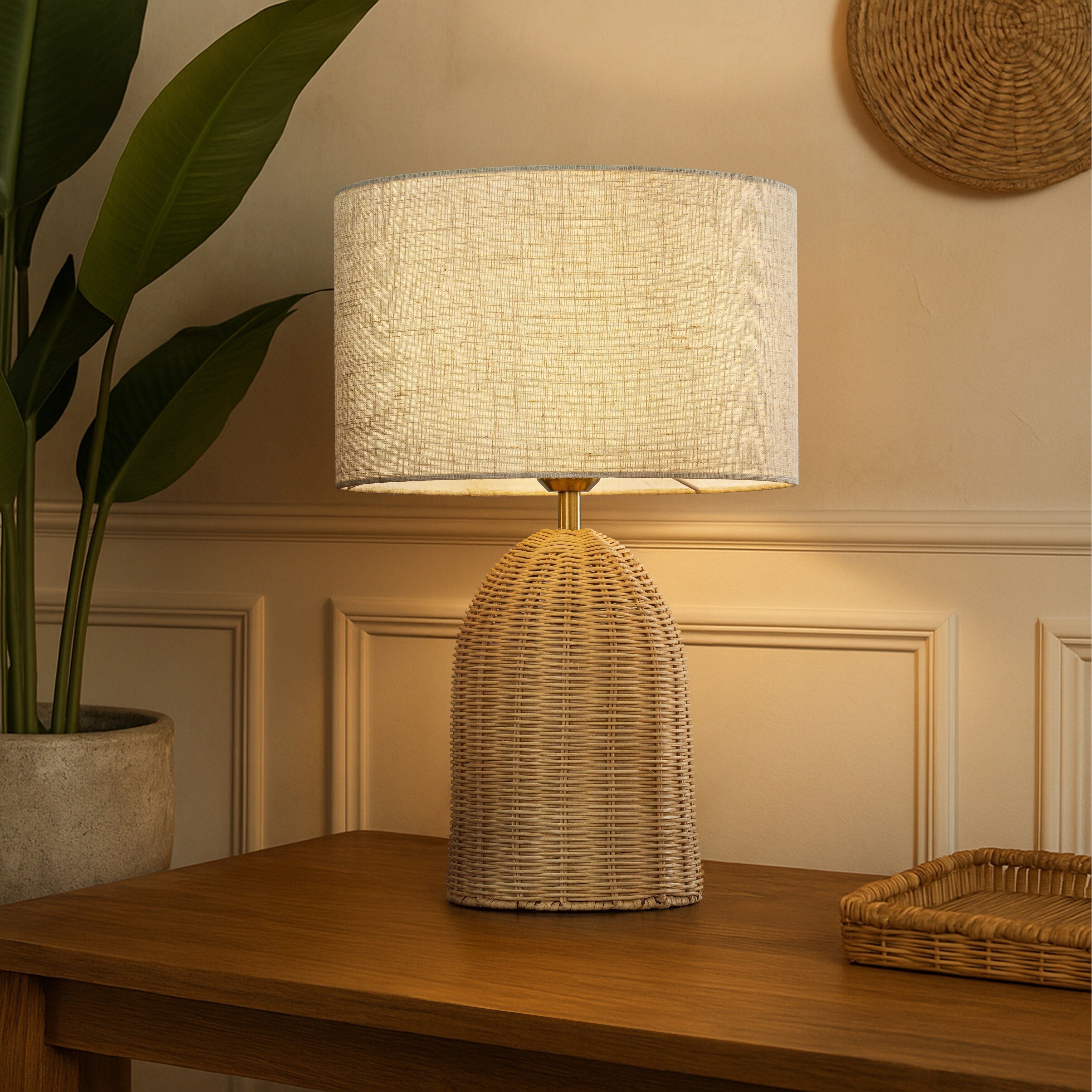 20'' Natural Rattan Bedside Table Lamp Coastal Nightstand Lamp