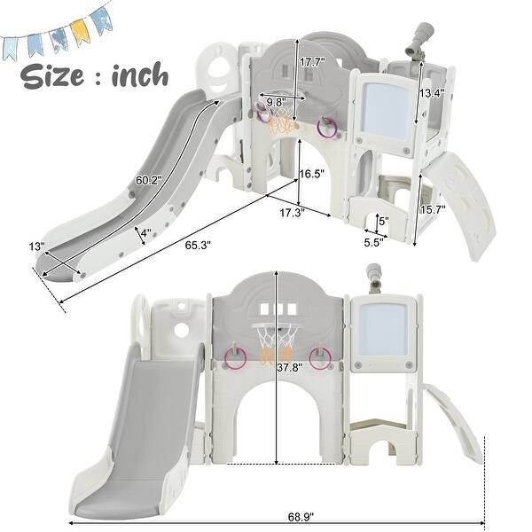 dimension image slide 1 of 3, 9 in 1 Toddler Slide Set, Toddler Climber Slide Playset with Arch Tunnel, Ring Toss, Drawing Whiteboardl and Basketball Hoop
