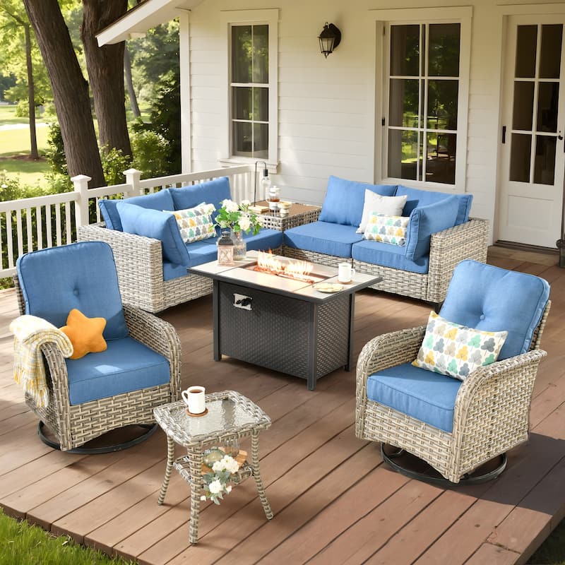 XIZZI 9-piece Patio Furniture Outdoor Wicker Chair Set with Fire Table - Diamond Blue
