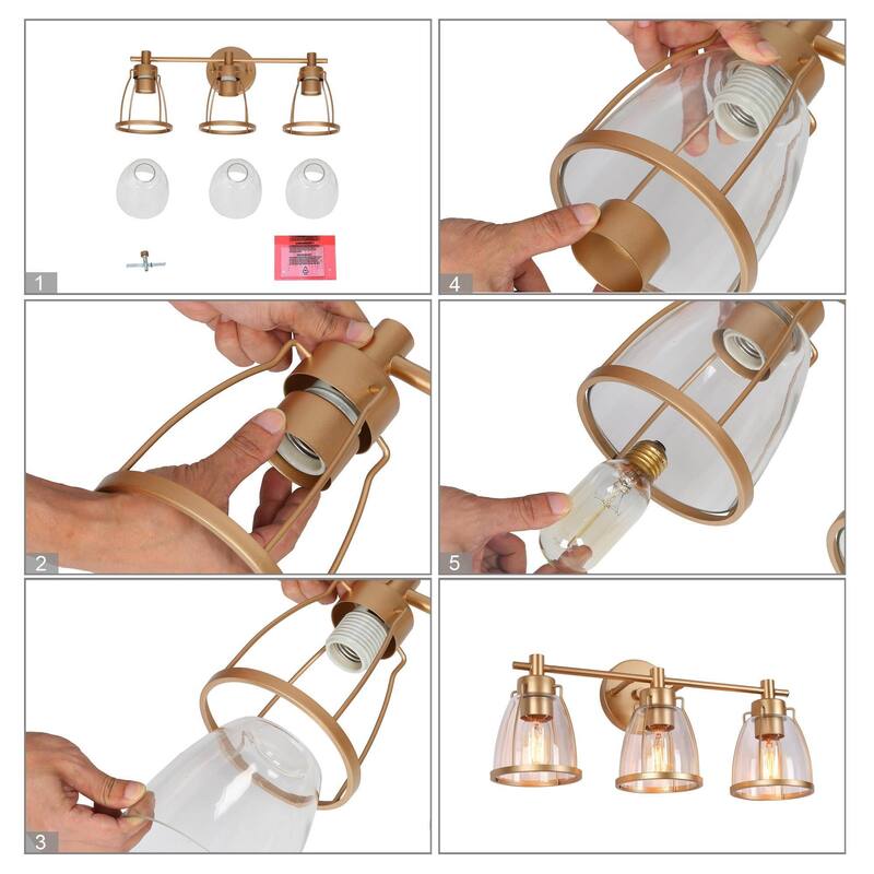 Modern Glam Gold 3-Light Bathroom Vanity Light Bowl Glass Wall Sconces - L 22" x W 7" x H 10"