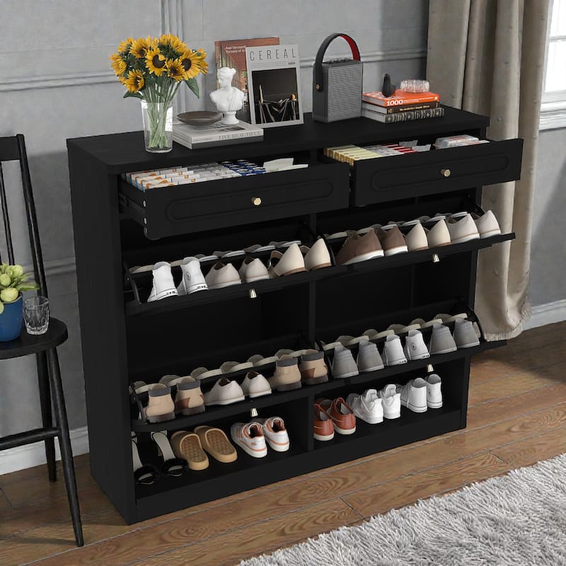 Wooden Shoe Cabinet with 4 Flip Drawers and 2 Storage Drawers, Farmhouse Shoe Storage Cabinet for Entryway Hallway