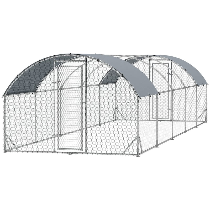 Galvanized Steel Chicken Run with Lockable Door and Roof Protection - 9.2'W x 31.2'D x 6.5'H