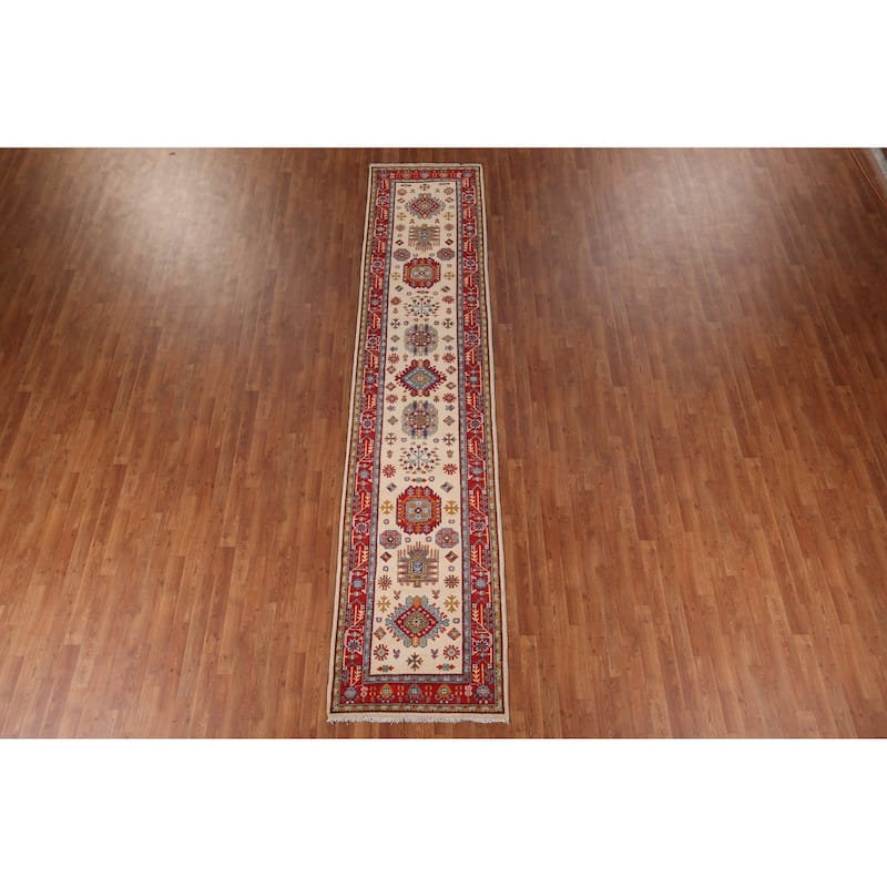 Geometric Beige Kazak Oriental Runner Rug Handmade Wool Carpet - 2'9" x 12'10"