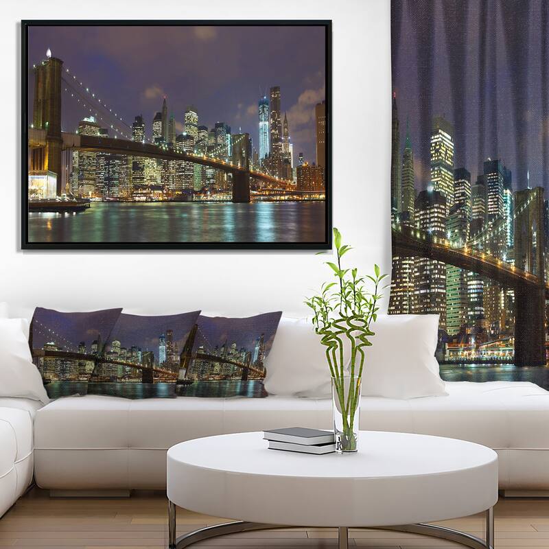 Designart "Brooklyn Bridge Panoramic View" Cityscape Photo Framed Canvas Print