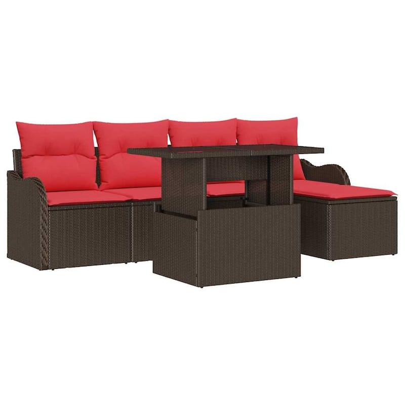 vidaXL 6 Garden Sofa Set with Cushions Black/Brown/Grey Poly Rattan - 90.9 x 46.1 x 27.2