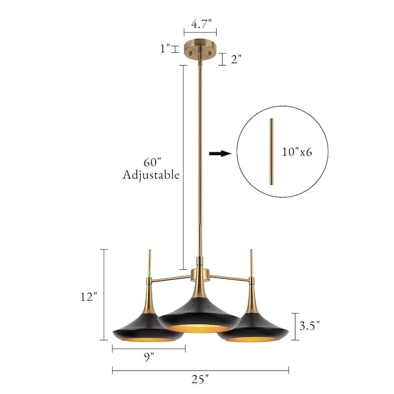 Conia Modern 3-Light Wheel Chandelier Black Gold Pendant for Dining Room - 25.2" D x 11.8" H