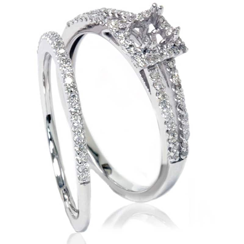 3/8CT Split Shank Princess Cut Halo Engagement Ring Set Setting White Gold