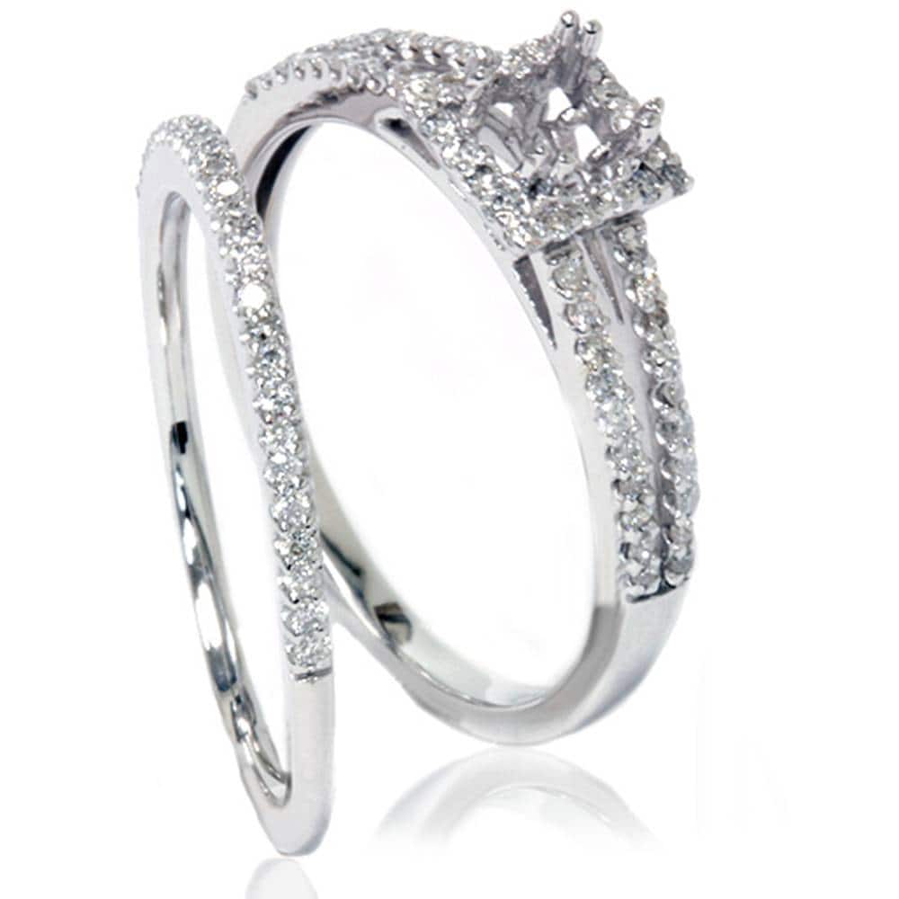 3/8CT Split Shank Princess Cut Halo Engagement Ring Set Setting White Gold