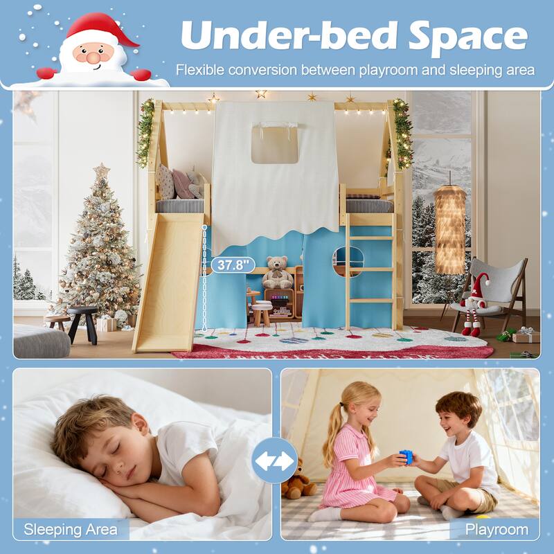Roomfitters House Loft Bed with Slide and Tent, Solid Wood Frame with Lights