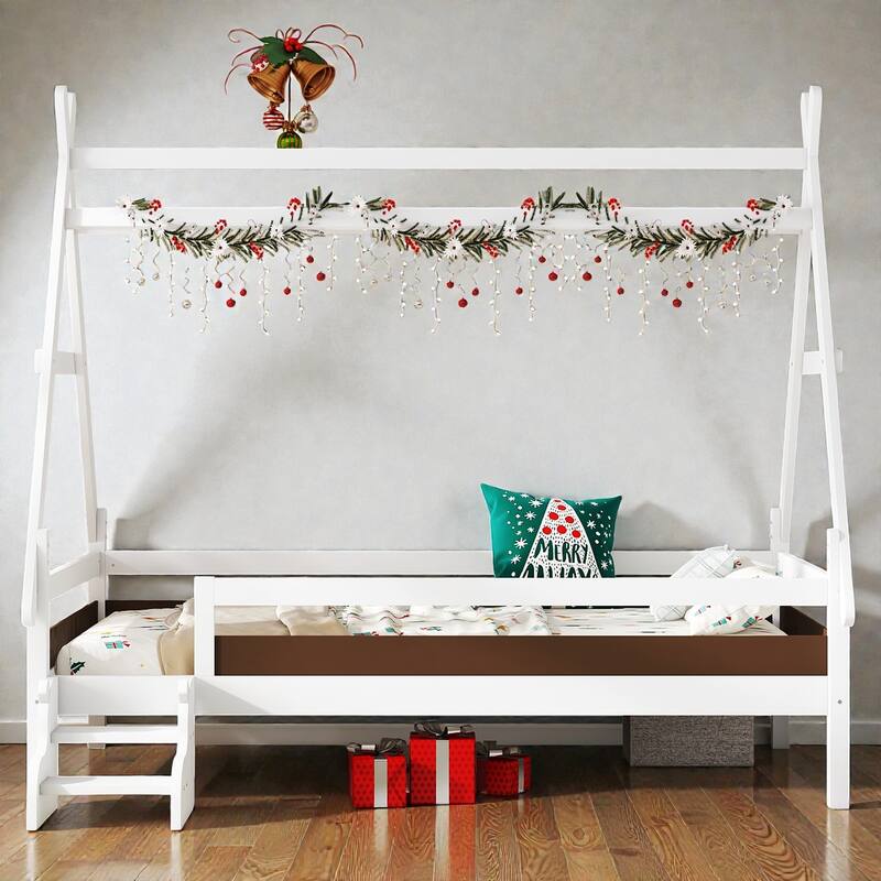 Twin/Full House Platform Bed with Stairs, Solid Wood Low Profile Kids Bed Frame, Fun Playhouse Design for Children