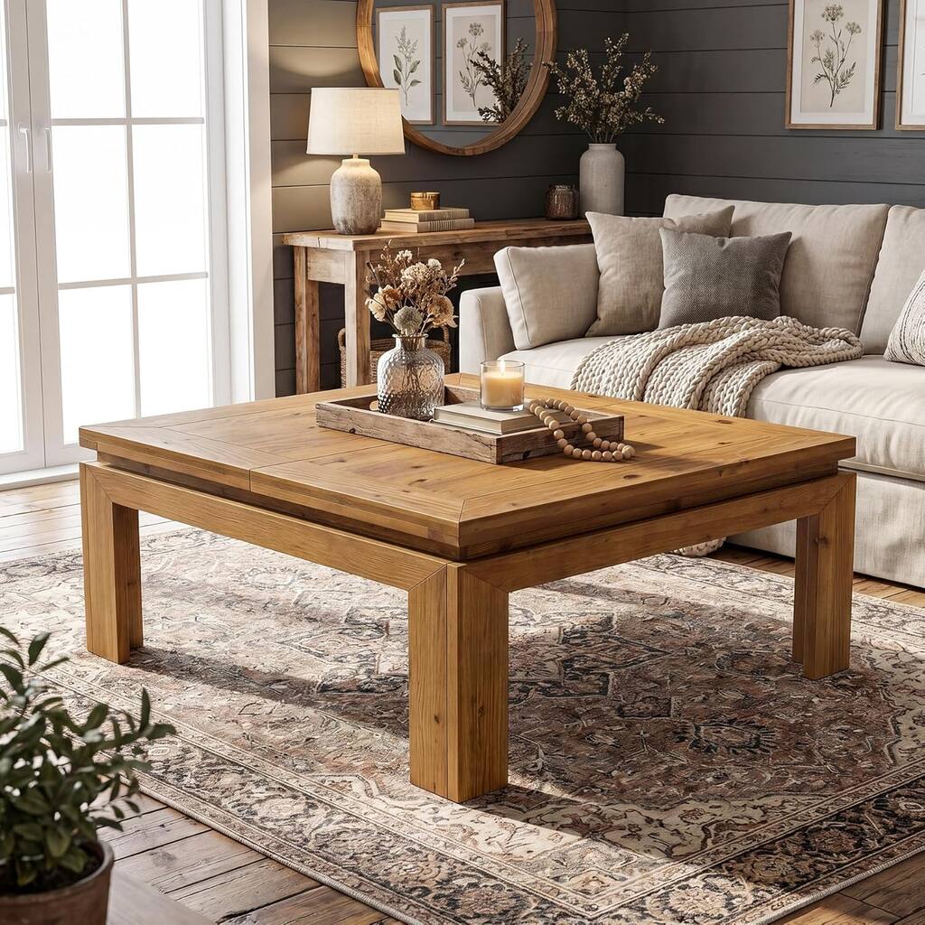 Solid Wood Coffee Tables for Living Room, 39.4" Square Farmhouse Cocktail Center Table, Easy Assembly - 39.4"L x 39.4"W x 17.7"H