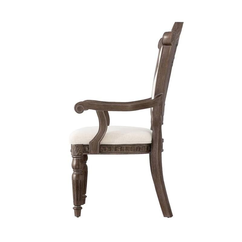 Set of 2 Upholstered Dining Armchairs with Diamond Button Tufted Back in Weathered Oak and Beige