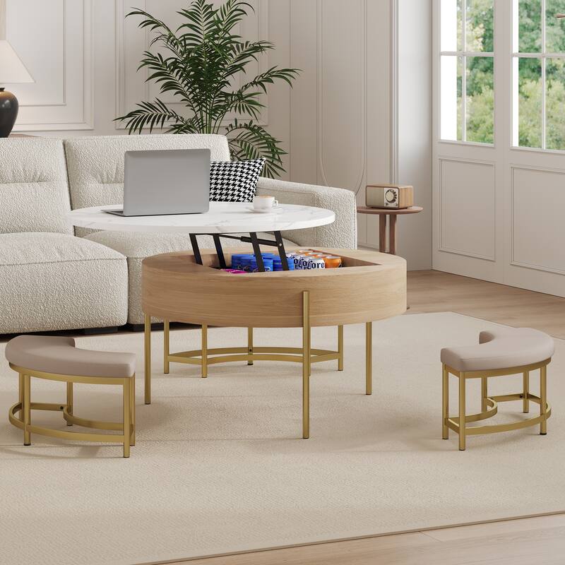31.50" Elegant Round Lift-Top Coffee Table Set with Hidden Storage & 3 Nesting Ottomans, Modern Living Room Center Table