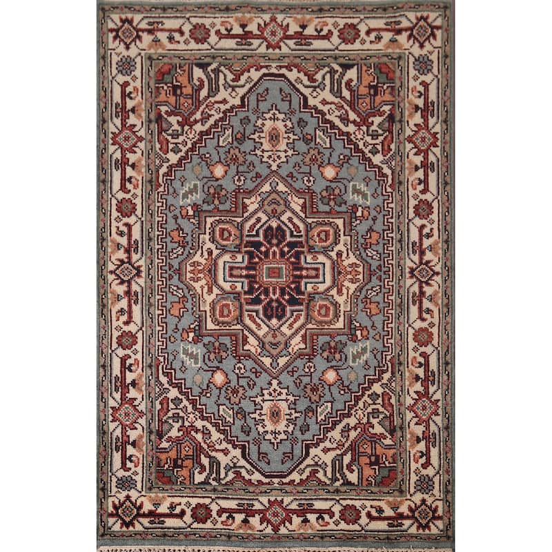 Blue Geometric Heriz Serapi Oriental Area Rug Handmade Wool Carpet - 4'0"x 6'0"