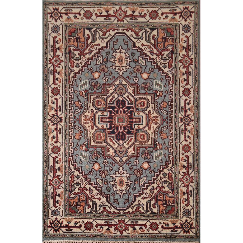 Blue Geometric Heriz Serapi Oriental Area Rug Handmade Wool Carpet - 4'0"x 6'0"