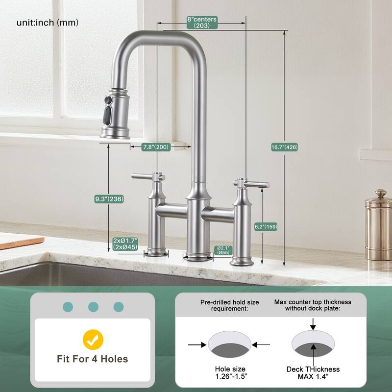 WOWOW Double Handle Bridge Kitchen Faucet with Advanced Spray