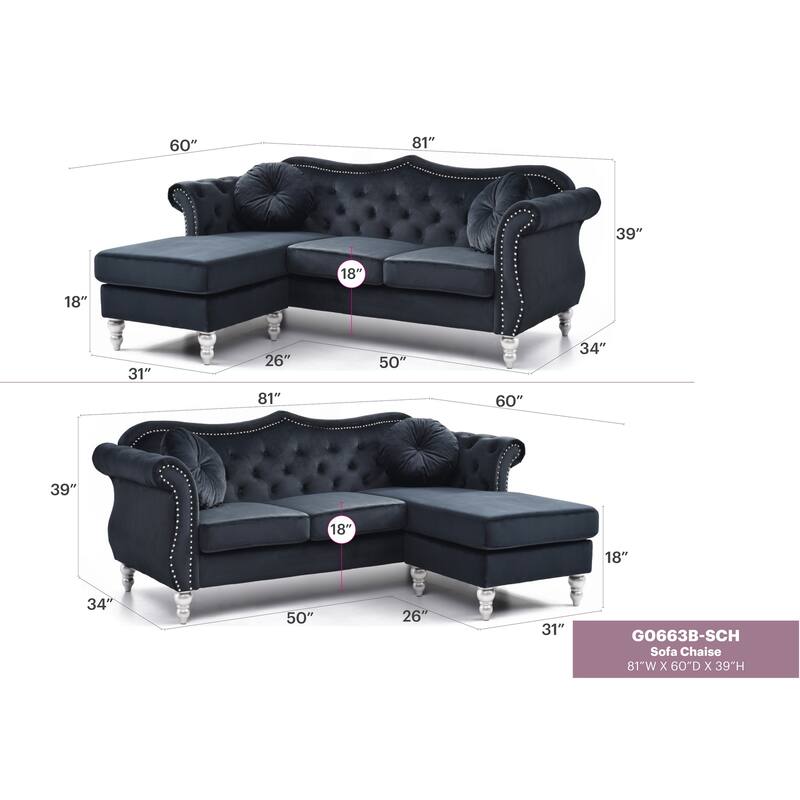 Hollywood 81 in. Velvet Chesterfield Sectional Sofa with 2-Throw Pillow - 81"L x 35"W x 34"H