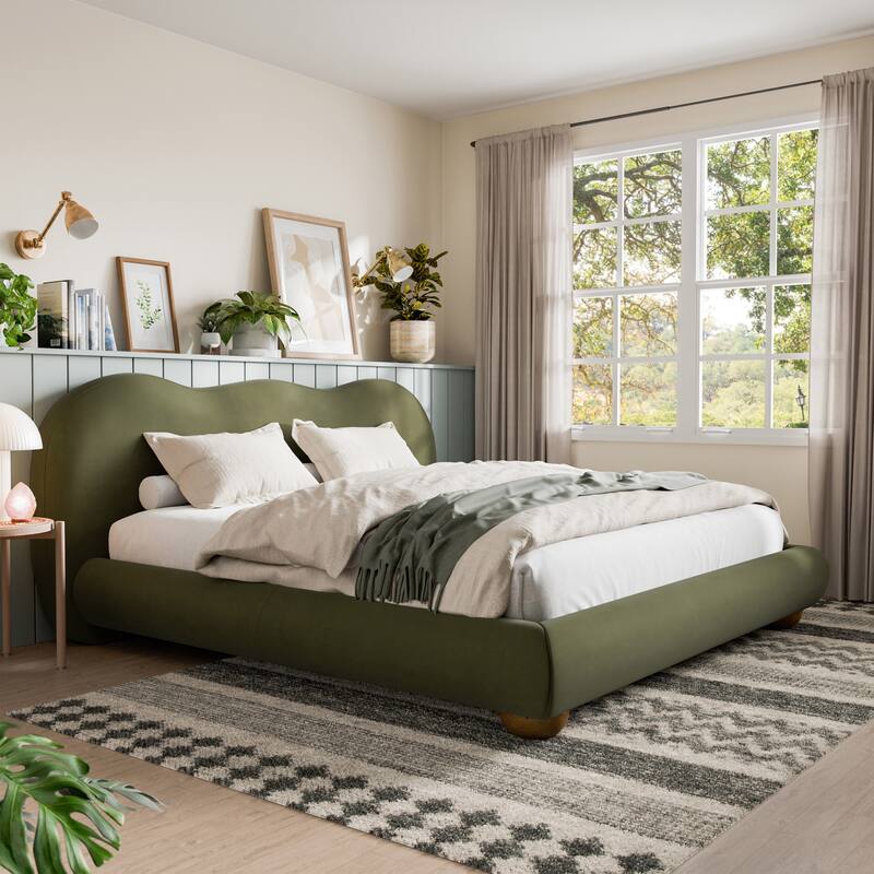 Furniture of America Nilo Modern Fabric Upholstered Platform Bed with Curved Headboard - Green Velvet - King