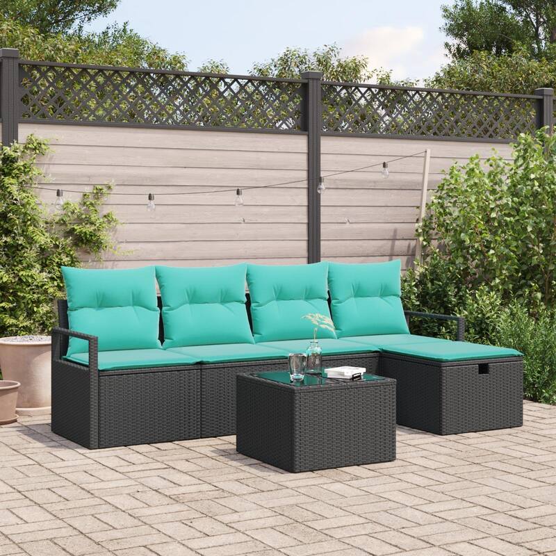 vidaXL 5/6 Garden Sofa Set with Cushions Black/Brown/Grey Poly Rattan - 90.6 x 46.1 x 27.2 - Black with table