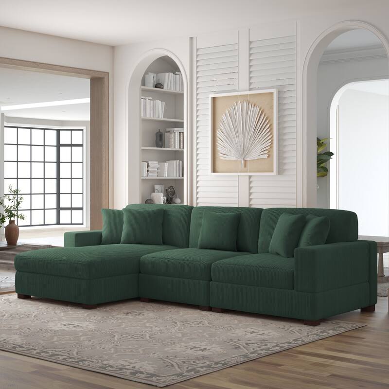 118" W Corduroy L-shape Modular Sectional Sofa with Pillows - Hunter Green - Left Facing
