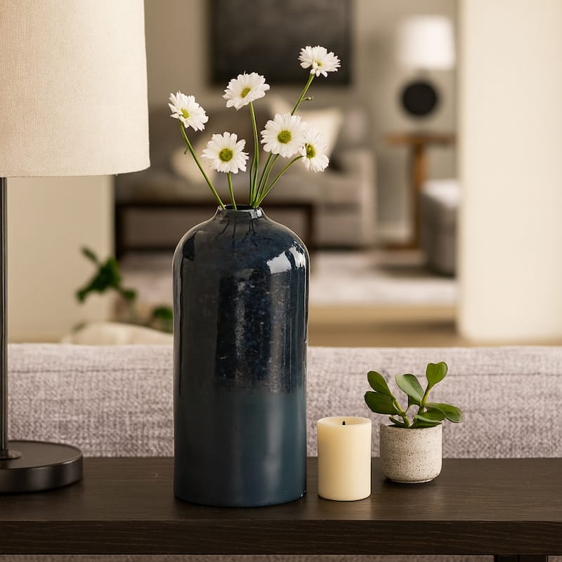 Decorative Vase - Blue Ceramic Finish Details - 13.75"