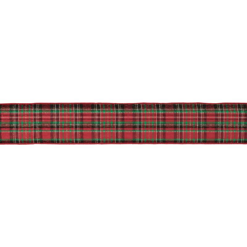 Polyester Metallic Tartan Plaid Wired Ribbon Set of 2 for Holiday Crafts - 2.5” W x 360” Long - Black-Red