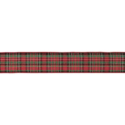 Polyester Metallic Tartan Plaid Wired Ribbon Set of 2 for Holiday Crafts - 2.5” W x 360” Long