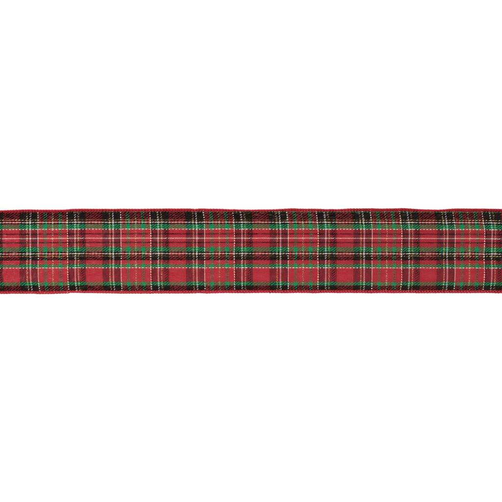 Polyester Metallic Tartan Plaid Wired Ribbon Set of 2 for Holiday Crafts - 2.5” W x 360” Long