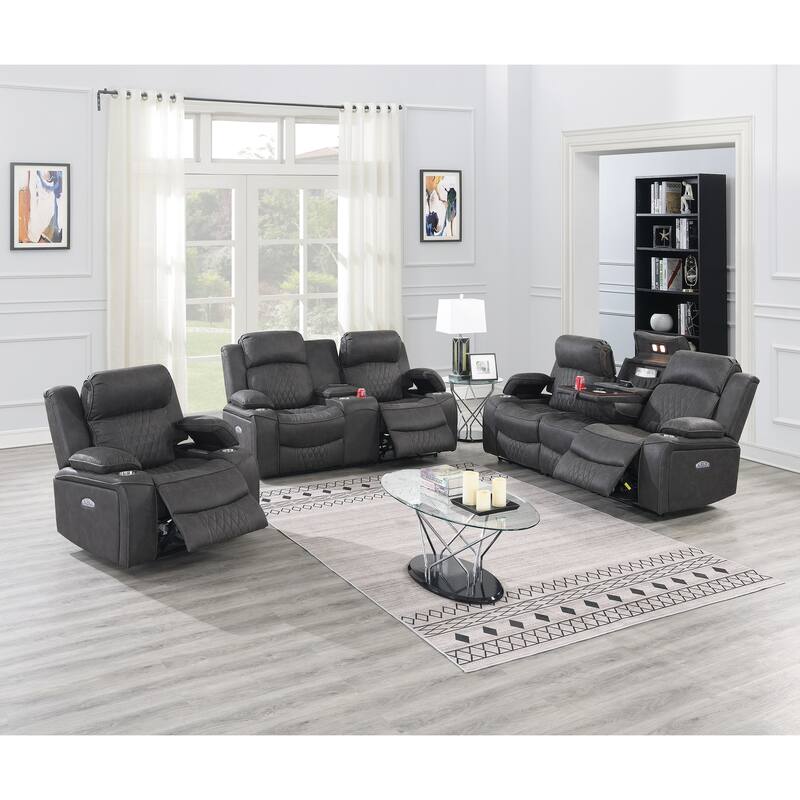 Contemporary Charcoal Gel Leatherette Power Motion Sofa with Storage Arms and Cup Holder