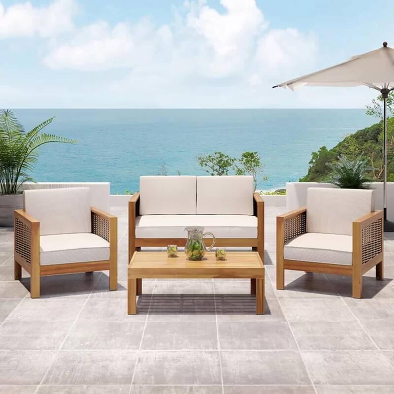 Roomfitters 4-Seater Acacia Wood Outdoor Chat Set with Wicker Accents and Cushions, Teak Beige