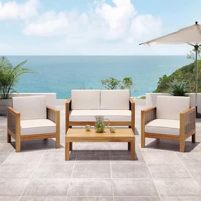 Roomfitters 4-Seater Acacia Wood Outdoor Chat Set with Wicker Accents and Cushions, Teak Beige