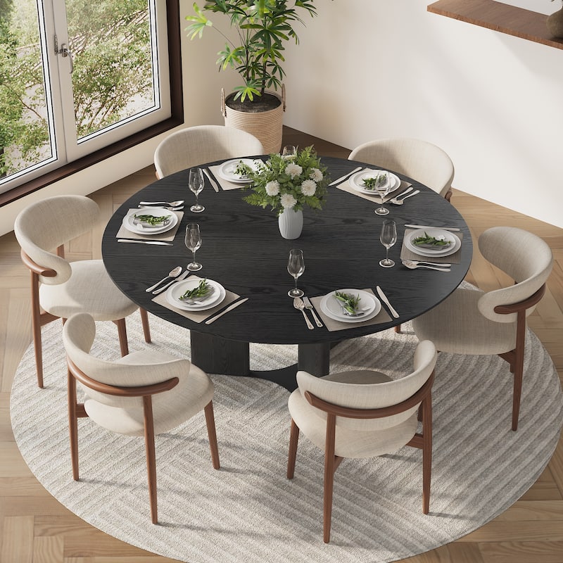 59" Modern Round Dining Table for 6-8, Black Solid Wood Texture, with 3 Stable Wood Legs