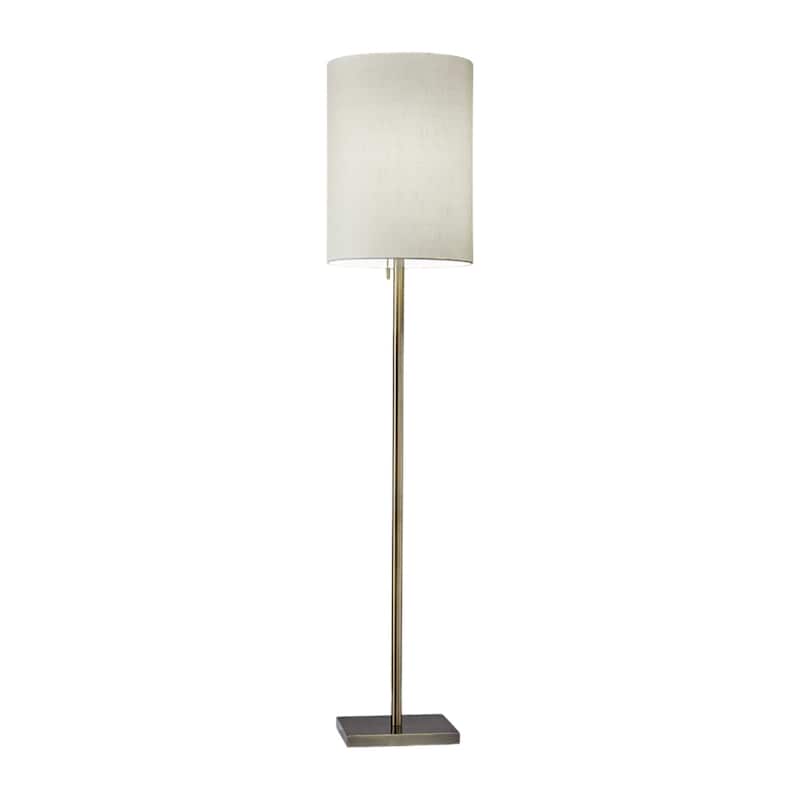 Metal Floor Lamp with White Fabric Cylinder Shade Pull Chain - 13” x 13” x 60.5” (D x W x H) - Brass