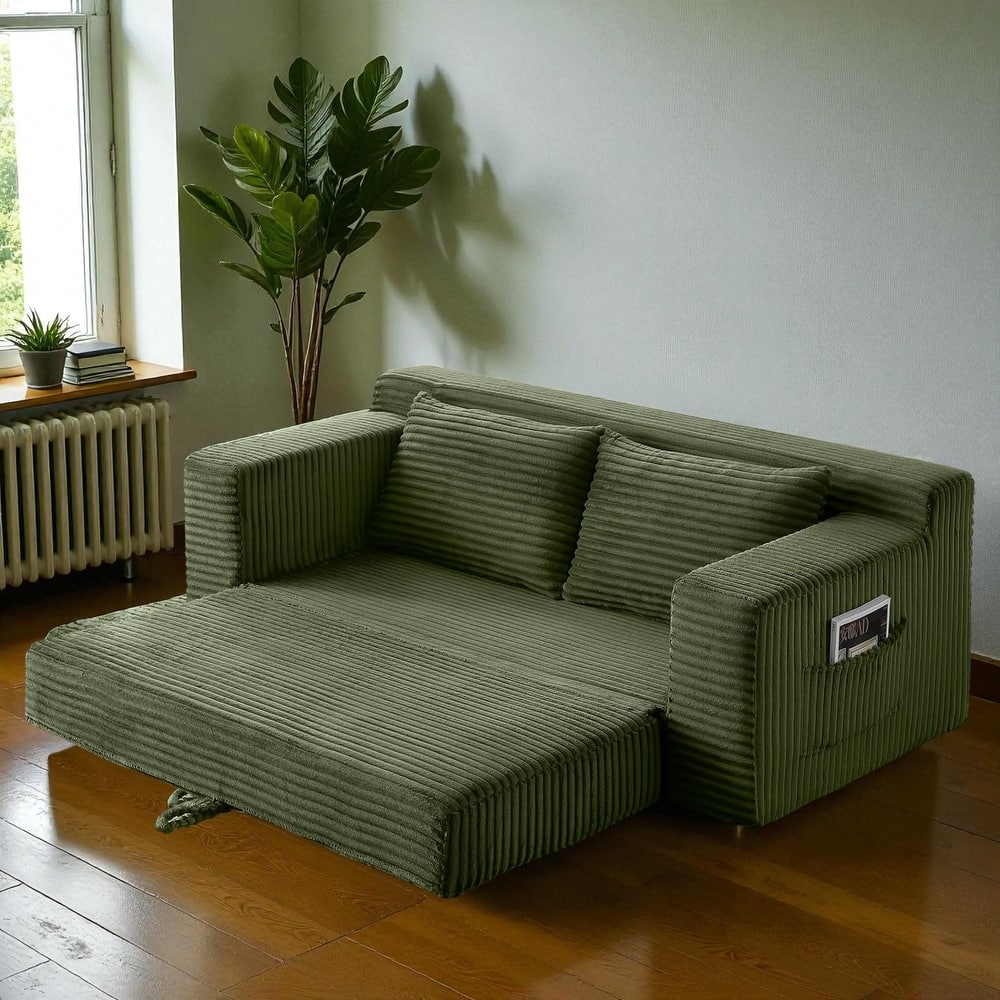Memory Foam Cloud Loveseat, 2-in-1 Convertible Corduroy Folding Couch Bed, No-Assembly Floor Sofa with Storage Pockets