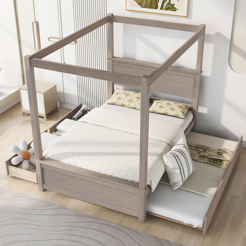 Elegant Design Wood Canopy Bed with Trundle Bed and Ttwo Drawers ,Full